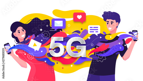 Colorful vector illustration depicting a 5G cellular network with two happy young people fast streaming dating data between their mobile phones or smartphones