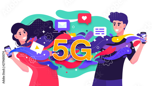 Colorful vector illustration depicting a 5G cellular network with two happy young people fast streaming dating data between their mobile phones or smartphones