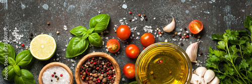 Cooking table with spices and herbs