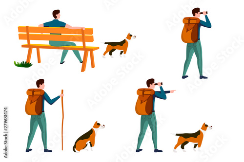 Vector summer travel activities set - man on a bench with dog, with backpack travel and walking. Isolated on white background.