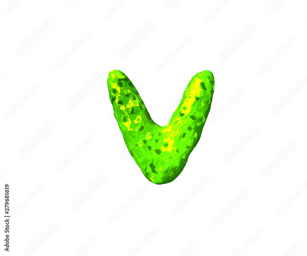 toxic slime alphabet - letter V in space style isolated on white background, 3D illustration of symbols toxic slime alphabet - letter V in space style isolated on white background, 3D illustration of symbols