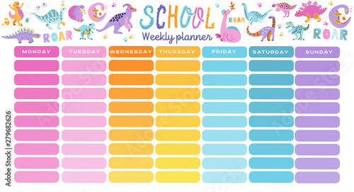 Template school timetable. Illustration includes hand drawn cartoon dinosaur characters. Seven rainbow columns to fill. Education design hand drawn doodle flat color illustration