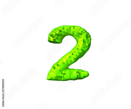 number 2 in alien style isolated on white background - lime alien flesh font, 3D illustration of symbols