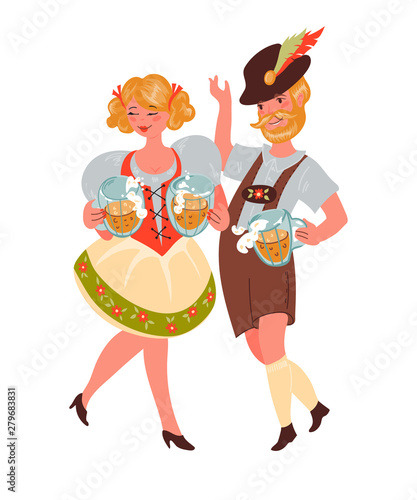 Man and woman in German traditional clothes of waiters with Oktoberfest beer mugs flat vector cartoon characters isolated on white background. Autumn beer festival banner concept.