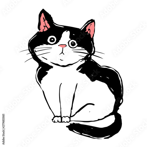 Lovely black and white cat. sad lost kitten. homeless pet. Cute print vector illustration