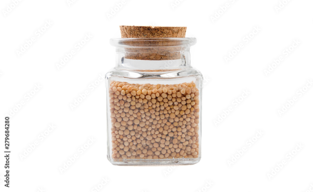 white mustard in glass jar on isolated on white background. front view. spices and food ingredients. white mustard in glass jar on isolated on white background. front view. spices and food ingredients.
