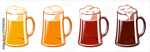 Types of beer for Oktoberfest in tankard beer glass mugs. Light, wheat, lager, ale, cold, red, pale, porter, dark, stout. Set of vector hand drawn illustration