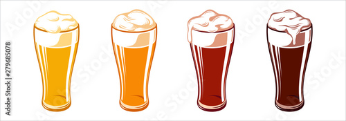 Set of types of beer for Oktoberfest in weizen glass mugs. Light, pilsner, wheat, white, lager, ale, cold, red, marzen, pale, bock, brown, porter, dark, stout. Vector hand drawn illustration