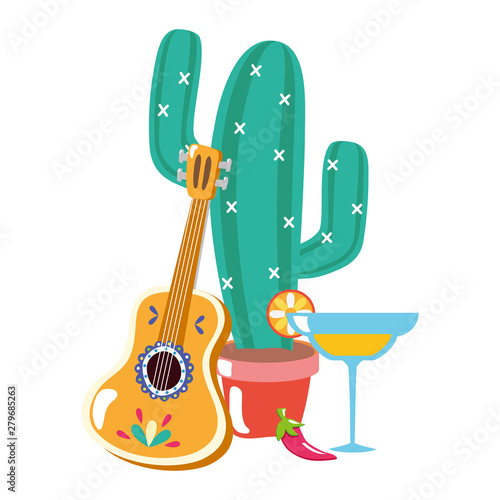 cactus plant with guitar and margarita cocktail
