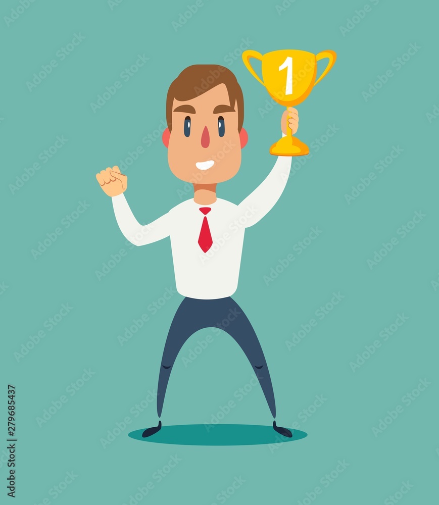 illustration of a happy businessman holding a trophy on podium. Stock flat vector illustration. illustration of a happy businessman holding a trophy on podium. Stock flat vector illustration.