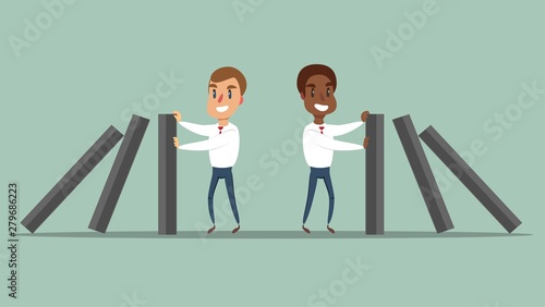 Businessman stopping falling domino - concept. Symbol of crisis, risk, management, leadership and determination. vector illustration.
