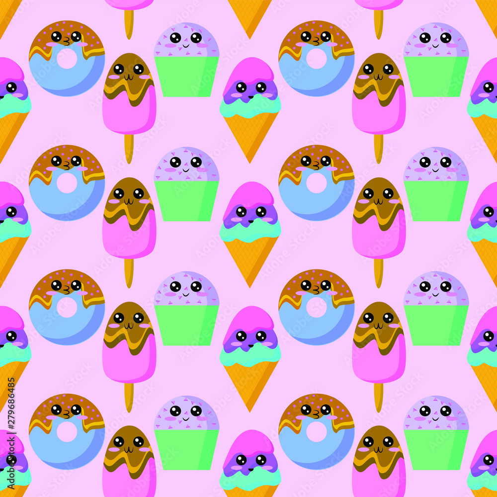EPS 10 vector. Seamless pattern with kawaii ice creams, donut and cupcake. EPS 10 vector. Seamless pattern with kawaii ice creams, donut and cupcake.