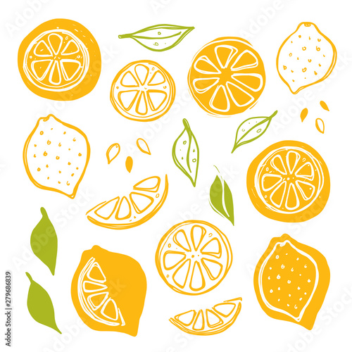Lemon set. Whole, half, sliced, bitten fruits. Ink hand drawn vector illustration. Can be used for cafe, menu, shop, bar, restaurant, poster, sticker, logo, detox diet concept, farmers market
