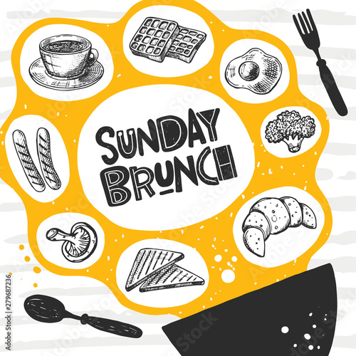 Sunday brunch. Hand drawn lettering card. Quote sketch typography. Vector inscription slogan. Menu, restaurant, cafe, bar. Poster, banner, placard
