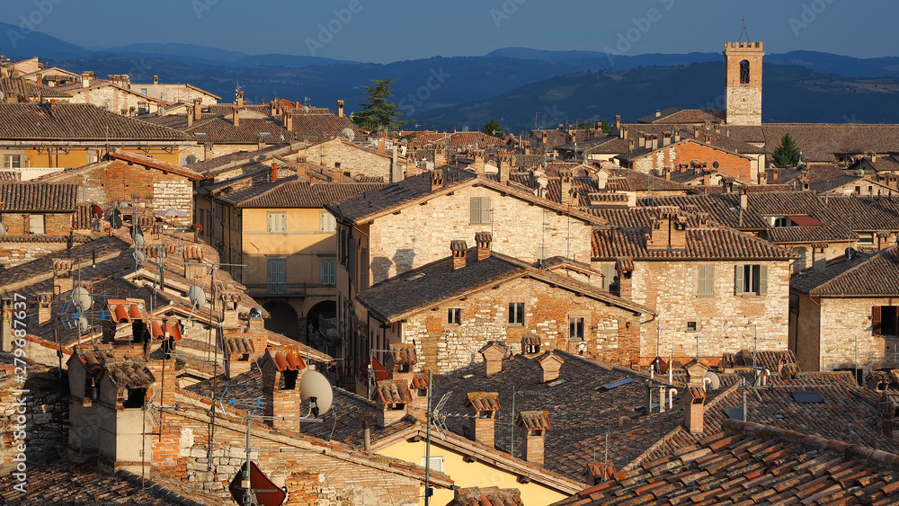 Gubbio, one of the most beautiful small town in Italy. Aerial view of the village from the upper square