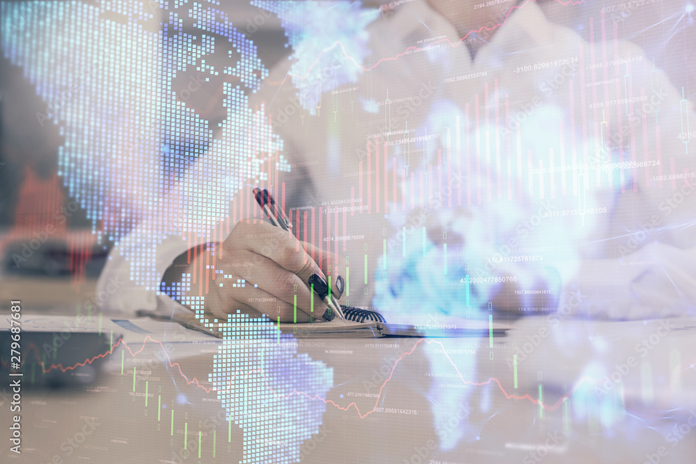 custom made wallpaper toronto digitalFinancial chart drawn over hands taking notes background. Concept of research. Multi exposure