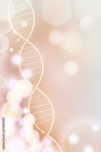 Golden DNA structure vector background. Beauty skin care luxury cosmetics concept. Molecular structure. 3D . Blurred bright bokeh background.