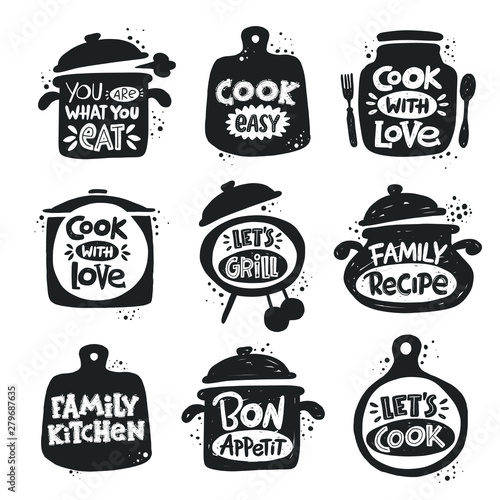 Cooking inscription slogans set. Logo, icon, label. Hand drawn vector illustration for kitchen poster, bakery, street festival, farmers market, shop, kitchen classes, cooking design, cafe