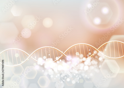 Golden DNA structure vector background. Beauty skin care luxury cosmetics concept. Molecular structure. 3D . Blurred bright bokeh background.