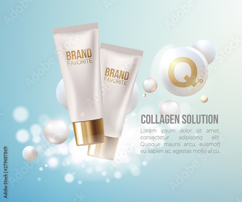 Regeneration cream.Water. Coenzyme Q10. Collagen Serum and Vitamin Background Concept Skin Care Cosmetic.Container mockup, cosmetic bottle package,bank.Elegant Background.