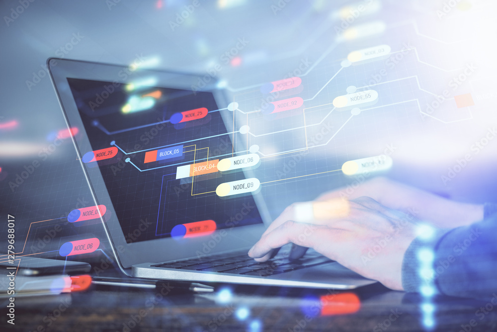 A man working on Laptop with technology theme drawing. Concept of big data. Double exposure. A man working on Laptop with technology theme drawing. Concept of big data. Double exposure.