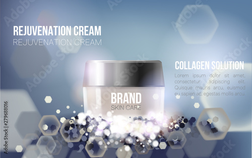 Regeneration cream. Collagen Serum and Vitamin Background Concept Skin Care Cosmetic.Container mockup, cosmetic bottle package,bank.Elegant Background.