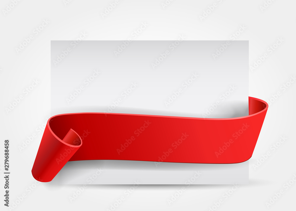 Realistic curved, Red paper banner on white background.Congratulations. Greating card.Blank. Red ribbon. Paper scroll. Vector - obrazy, fototapety, plakaty 
