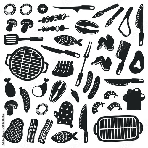 BBQ, barbeque icon set. Grill utensils collection. Hand drawn vector illustration. For menu, steak house, street food festival, bar, cafe, flyer, logo, label. 