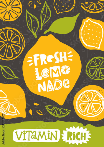 Fresh lemonade. Yellow and green background. Hand drawn vector lettering flyer, card. Organic summer drink with lemons. Handwritten quote sketch typography. Poster, banner, print design. Flat lay.