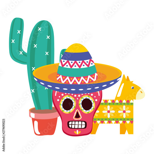day of the dead celebration skulls masks with cactu and pinata