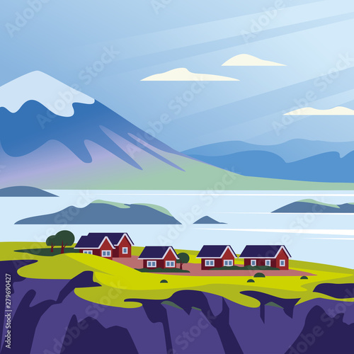 Vector flat landscape minimalistic illustration of wild nordic nature view: sky, mountains, water, cozy houses on sea coast. For travel banner, card, vacation touristic advertising, brochure, flayer.