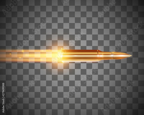 Realistic flying bullet with a flamethrower shot isolated on transparent background, set of bullet shots in motion, vector illustration. Shot with a pistol