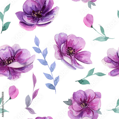 beautiful seamless pattern with watercolor purple flowers. natural floral design. can be used for wallpaper, textile, polygraphy design. hand painted