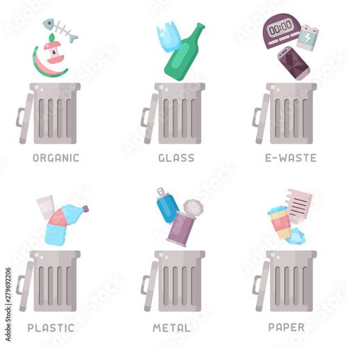 Set of trash can icons with different types of waste