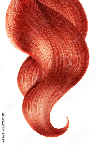 Red hair isolated on white background. Long ponytail.