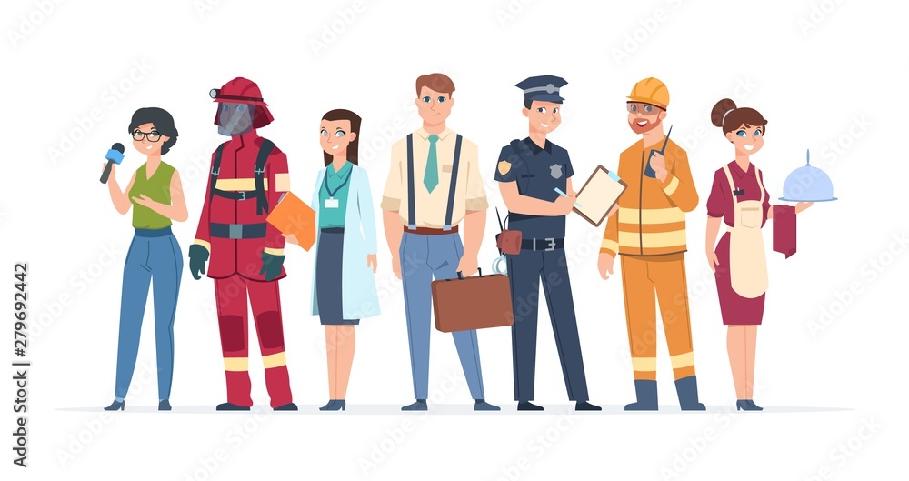Plakat Characters professions. Factory workers business people engineer and doctor community concept. Vector different role man engineering career professionals