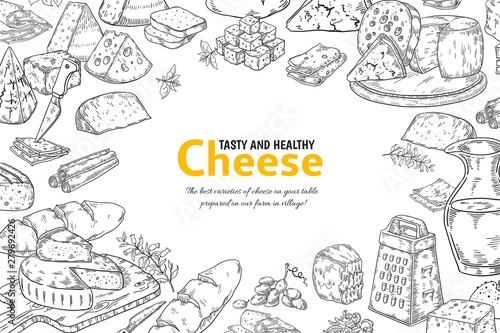 Hand drawn cheese background. Organic Italian food and snacks sketch, restaurant menu design. Vector outline table with traditional products for breakfast