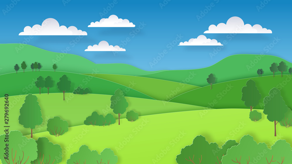 Paper cut landscape. Nature green hills fields mountains and forest, paper art rural scene. Vector ecology spring happiness cartoon background