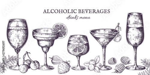 Hand drawn cocktails. Vintage alcoholic menu sketch, liquor beverages and lemonades. Vector illustrations isolated tropical bar drinks in doodle line