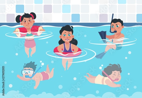 Swimming kids. Cartoon happy children in a pool, flat boys and girls swimming and playing in swimwear. Vector illustration summer activities training swim underwater