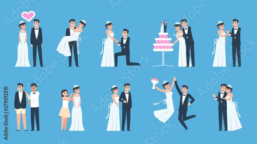 Groom and bride. Cartoon wedding couple in different scenes, preparing and celebrating. Vector illustration happy dancing kissing and hugging newly married couple