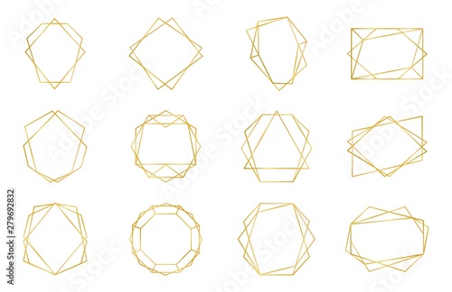 Golden geometric frame. Luxury wedding invitation polyhedron art deco elements, modern border shape. Vector decorative abstract shapes templates for design wedding invitation photo