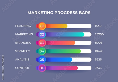 Marketing infographic elements. Presentation progress bar with financial categories, corporate report visualization. Vector illustration horizontal info graph