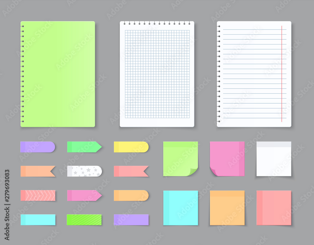 Sticky notebook paper. Adhesive stickers and blank colored sheets with grid squares and lines. Vector empty ripped pages for write message and notes Sticky notebook paper. Adhesive stickers and blank colored sheets with grid squares and lines. Vector empty ripped pages for write message and notes