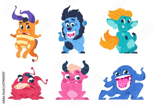 Cartoon monsters. Cute little angry animals, mascot characters with smiles and troll faces for stickers and emblems. Vector goblin set party on birthday for kids