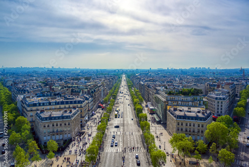 A view of Paris, France from the Arc de Triomphe on a sunny day.