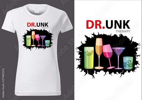 Woman T-shirt Design with Colorful Drink Glasses and Inscription DR.UNK - Colored Illustration Also for Other Graphic Use, Vector
