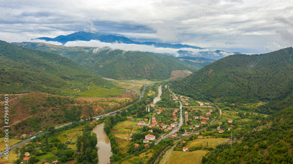 Aerial view of Bulgarian village in the mountain.