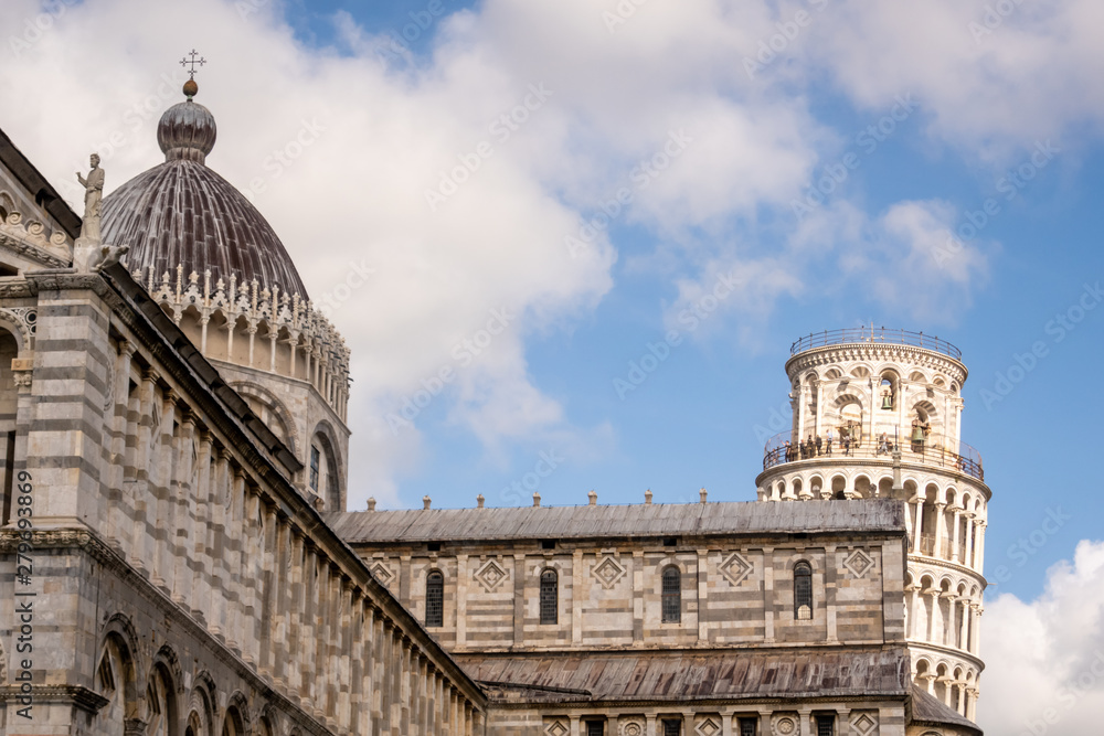Architectural detail of the Duomo (cathedral) and Leaning Tower. Piazza dei Miracoli, Pisa, Tuscany, Italy