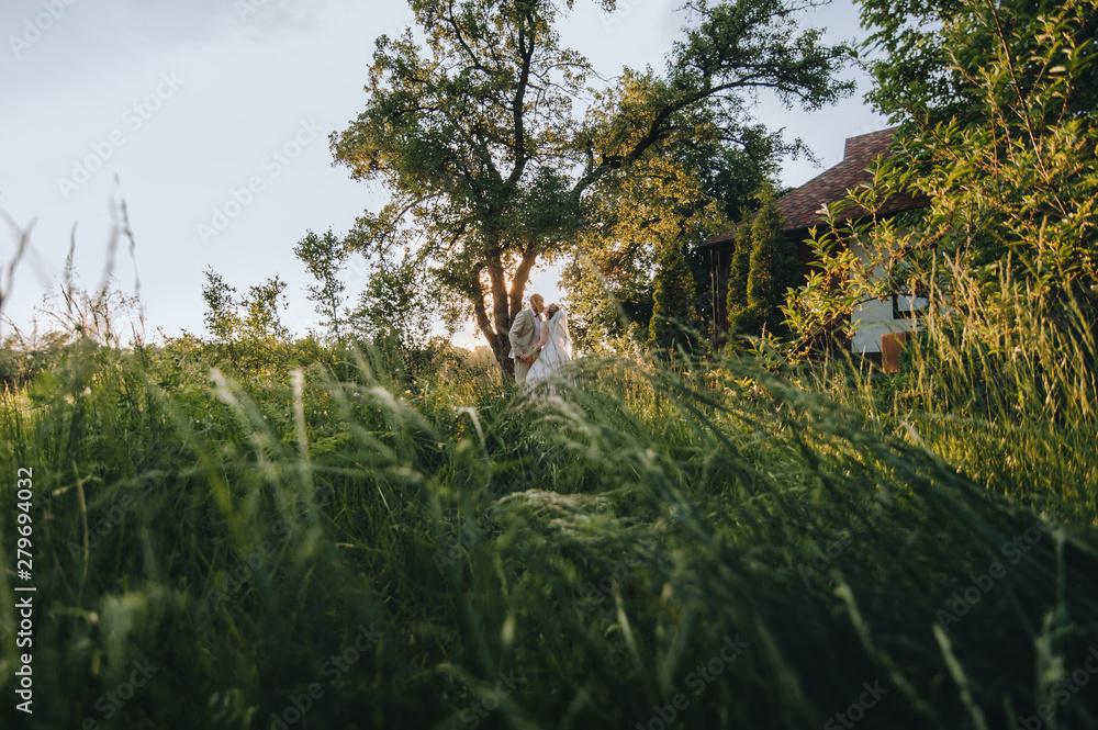 Lovers and beautiful newlyweds kissing gently at sunset in the grass, in the park and garden. Portrait of a stylish groom in a beige suit and a cute bride in a white dress. Conceptual photography.